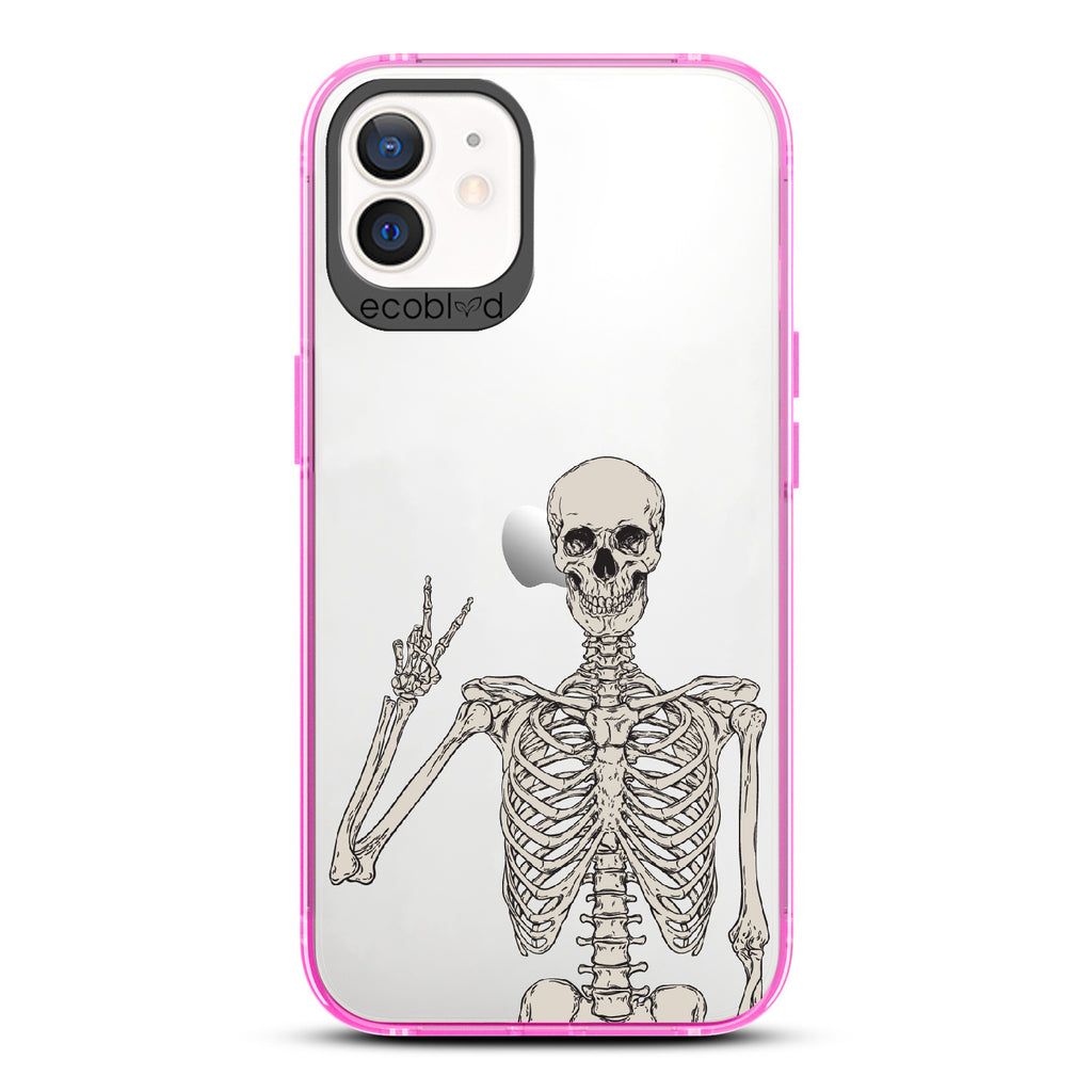Creepin' It Real - Pink Eco-Friendly iPhone 12/12 Pro Case With Skeleton Giving A Peace Sign On A Clear Back