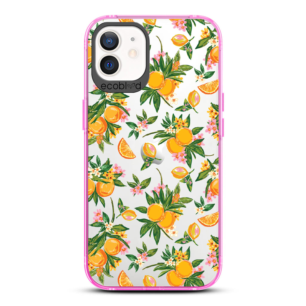 Orange Bliss - Pink Eco-Friendly iPhone 12/12 Pro Case With Oranges, Orange Slices and Leaves On A Clear Back