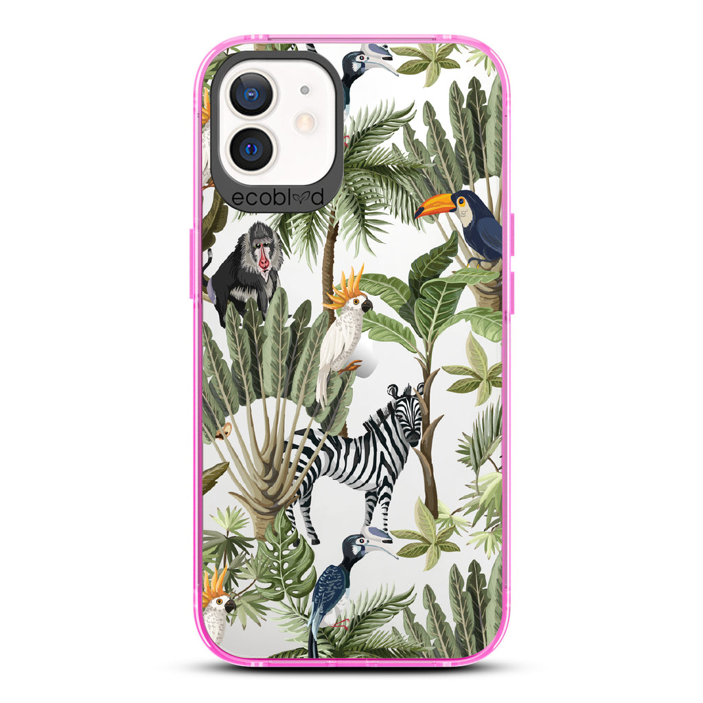 Toucan Play That Game - Pink Eco-Friendly iPhone 12/12 Pro Case With Jungle Fauna, Toucan, Zebra & More On A Clear Back