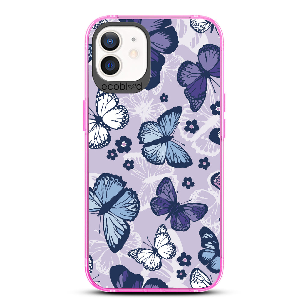 Deja Vu - Pink Eco-Friendly iPhone 12/12 Pro Case With Blue, White, Purple Butterflies & Flowers On A Purple / Clear Back