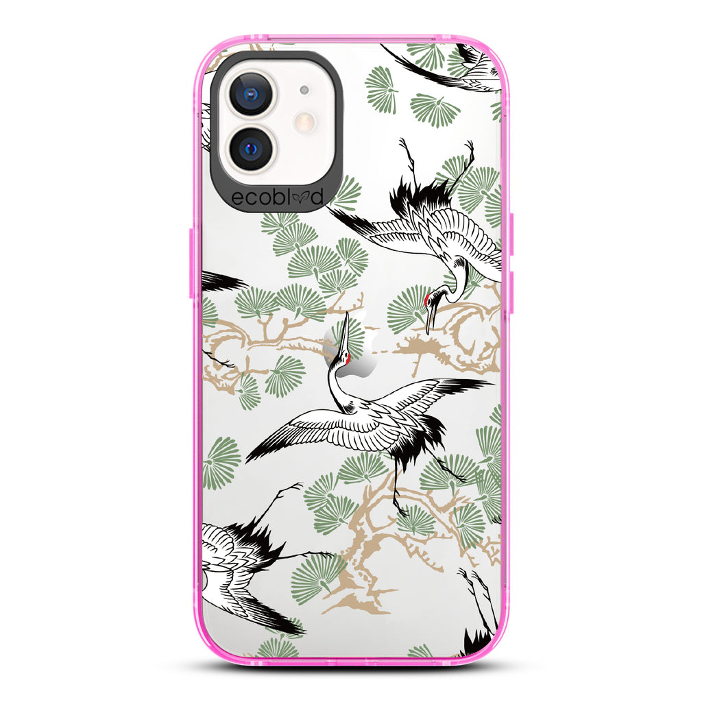 Graceful Crane - Pink Eco-Friendly iPhone 12/12 Pro Case With Japanese Cranes Atop Branches On A Clear Back