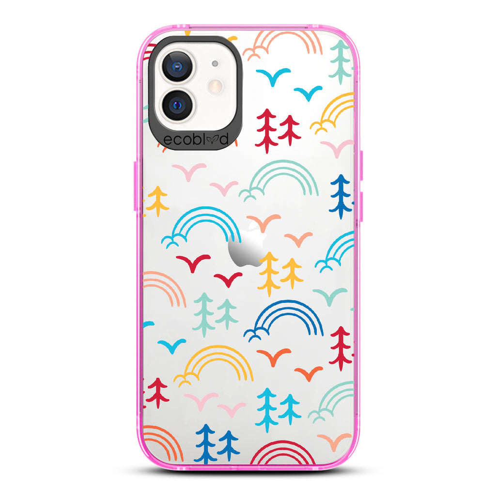 Happy Camper X Brave Trails - Pink Eco-Friendly iPhone 12/12 Pro Case with Minimalist Trees, Birds, Rainbows On A Clear Back