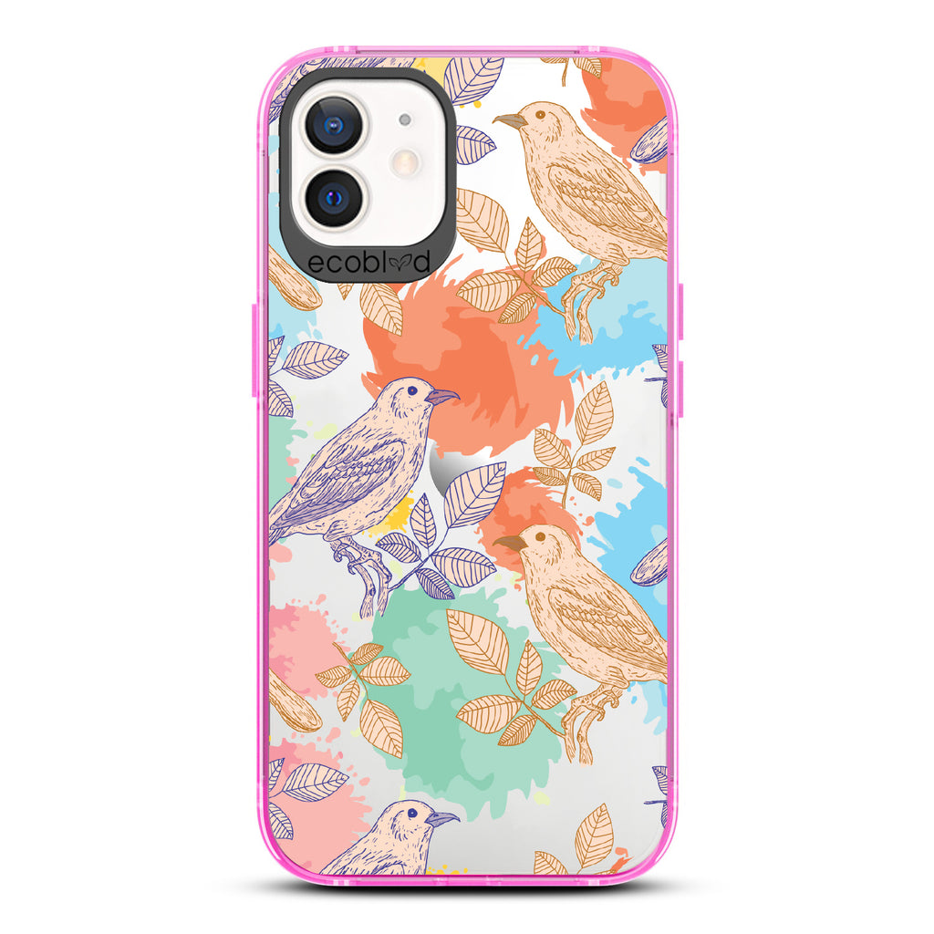 Perch Perfect - Pink Eco-Friendly iPhone 12/12 Pro Case With Birds On Branches & Splashes Of Color On A Clear Back