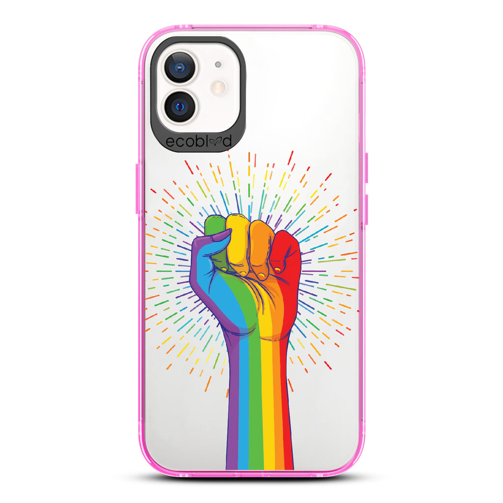 Rise With Pride - Pink Eco-Friendly iPhone 12/12 Pro Case With Raised Fist In Rainbow Colors On A Clear Back