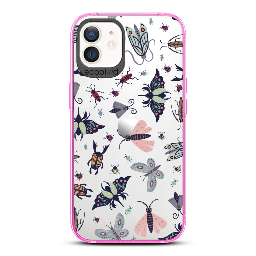 Bug Out - Pink Eco-Friendly iPhone 12/12 Pro Case With Butterflies, Moths, Dragonflies, And Beetles On A Clear Back
