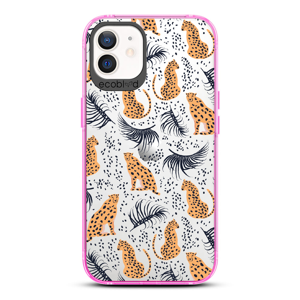 Feline Fierce - Pink Eco-Friendly iPhone 12/12 Pro Case With Minimalist Cheetahs With Spots and Reeds On A Clear Back