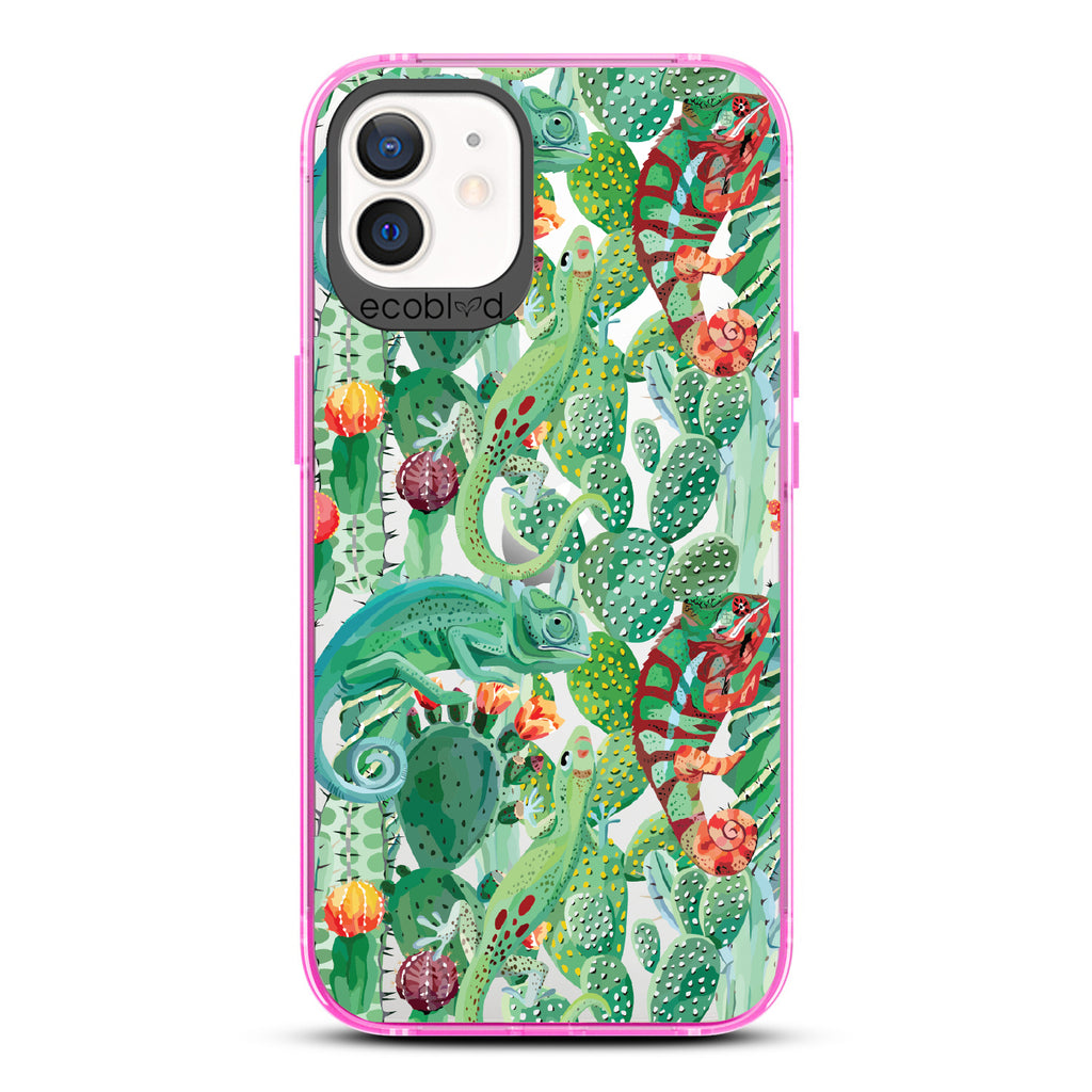 In Plain Sight - Pink Eco-Friendly iPhone 12/12 Pro Case With Chameleons On Cacti On A Clear Back