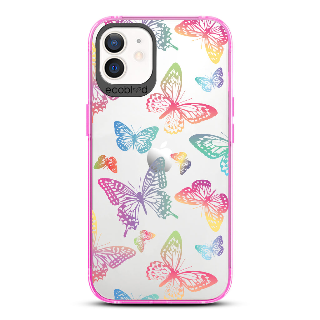 Butterfly Effect - Pink Eco-Friendly iPhone 12/12 Pro Case With Multi-Colored Neon Butterflies On A Clear Back
