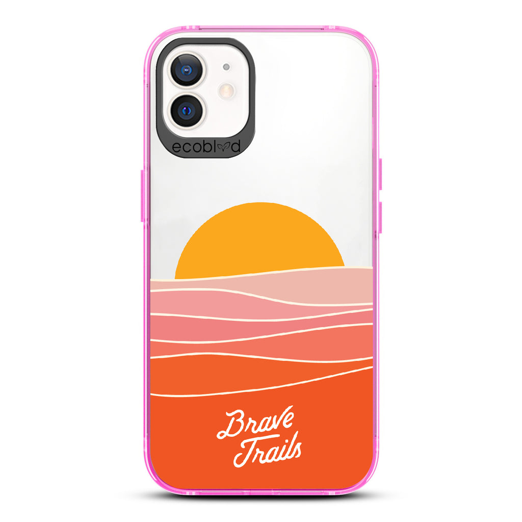 Enlightened X Brave Trails - Pink Eco-Friendly iPhone 12/12 Pro Case with Sun Rising Over Minimalist Hillside On Clear Back