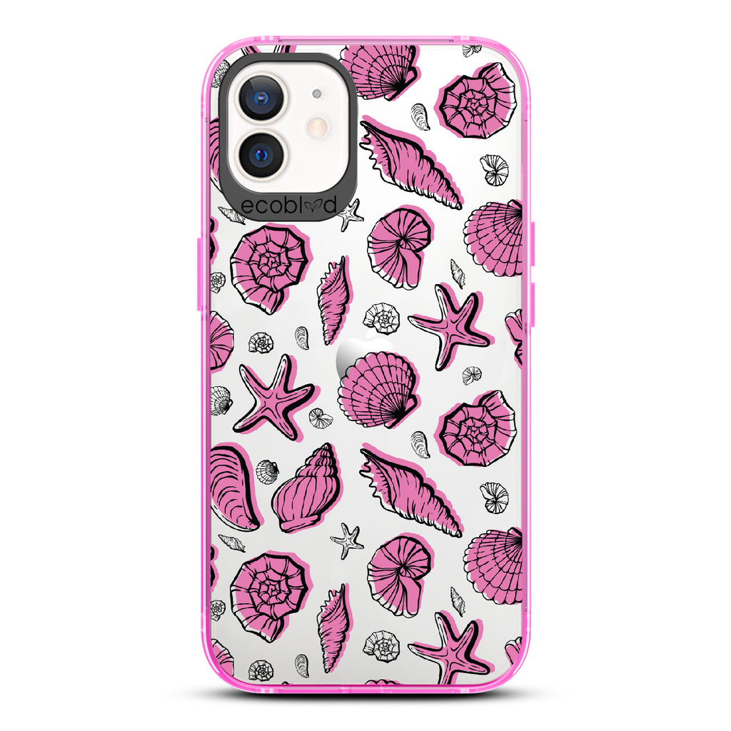 Seashells Seashore - Pink Eco-Friendly iPhone 12/12 Pro Case With Seashells and Starfish On A Clear Back