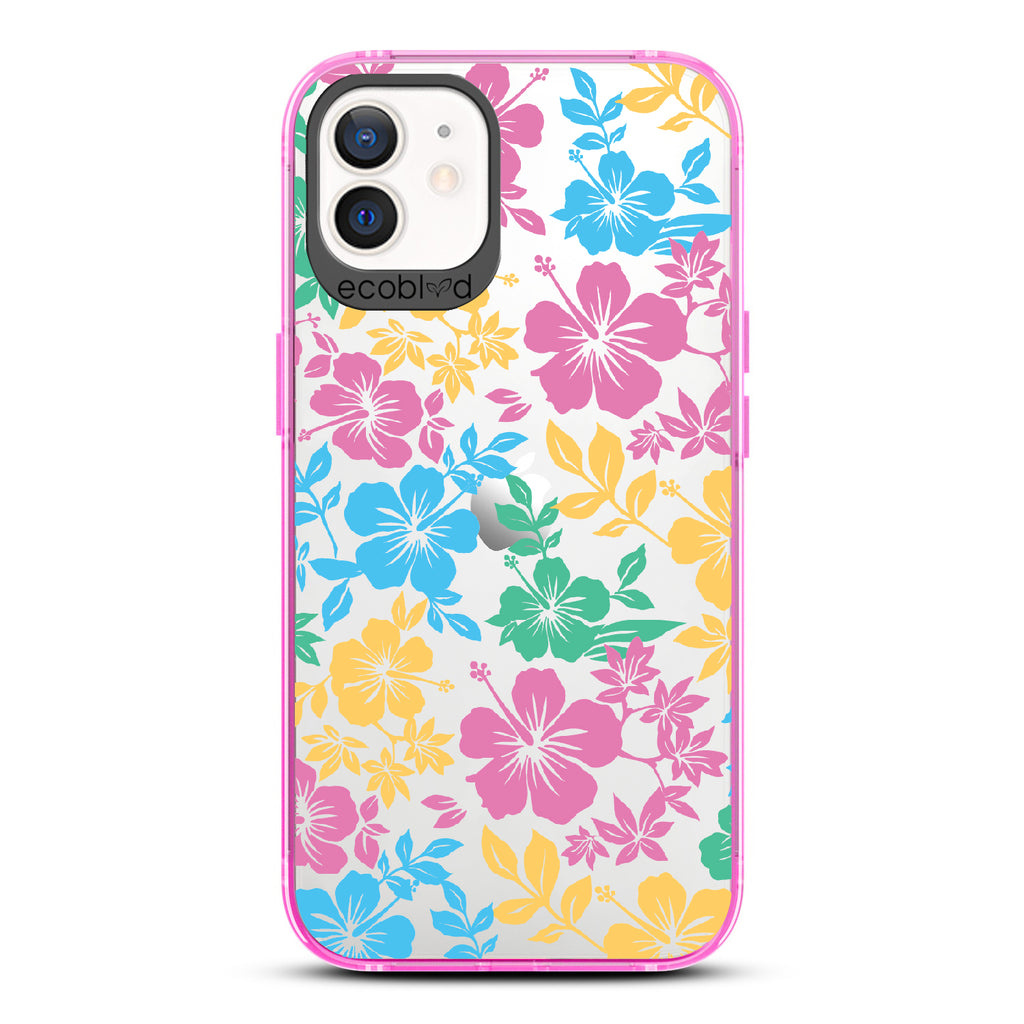 Lei'd Back - Pink Eco-Friendly iPhone 12/12 Pro Case With Colorful Hawaiian Hibiscus Floral Print On A Clear Back