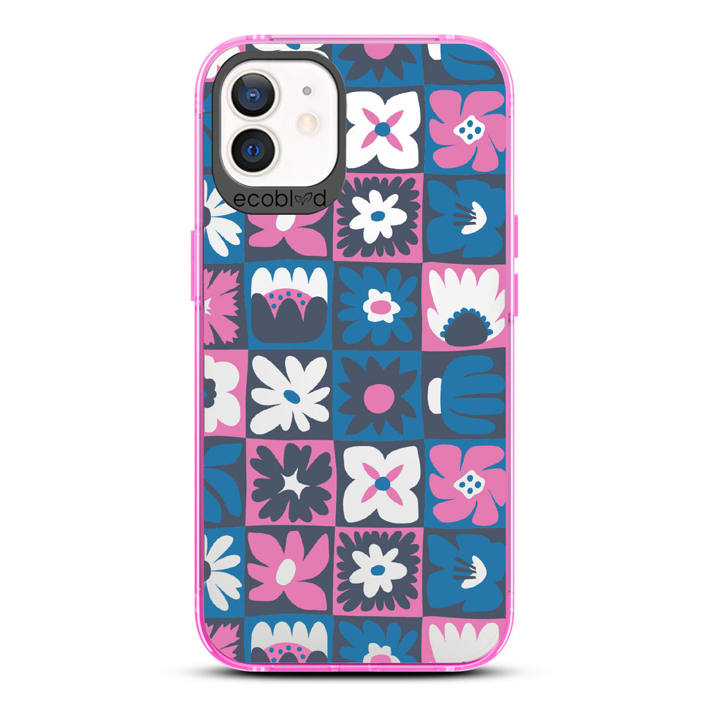 Paradise Blooms - Pink Eco-Friendly iPhone 12/12 Pro Case With Tropical Floral Checker Print On A Clear Back