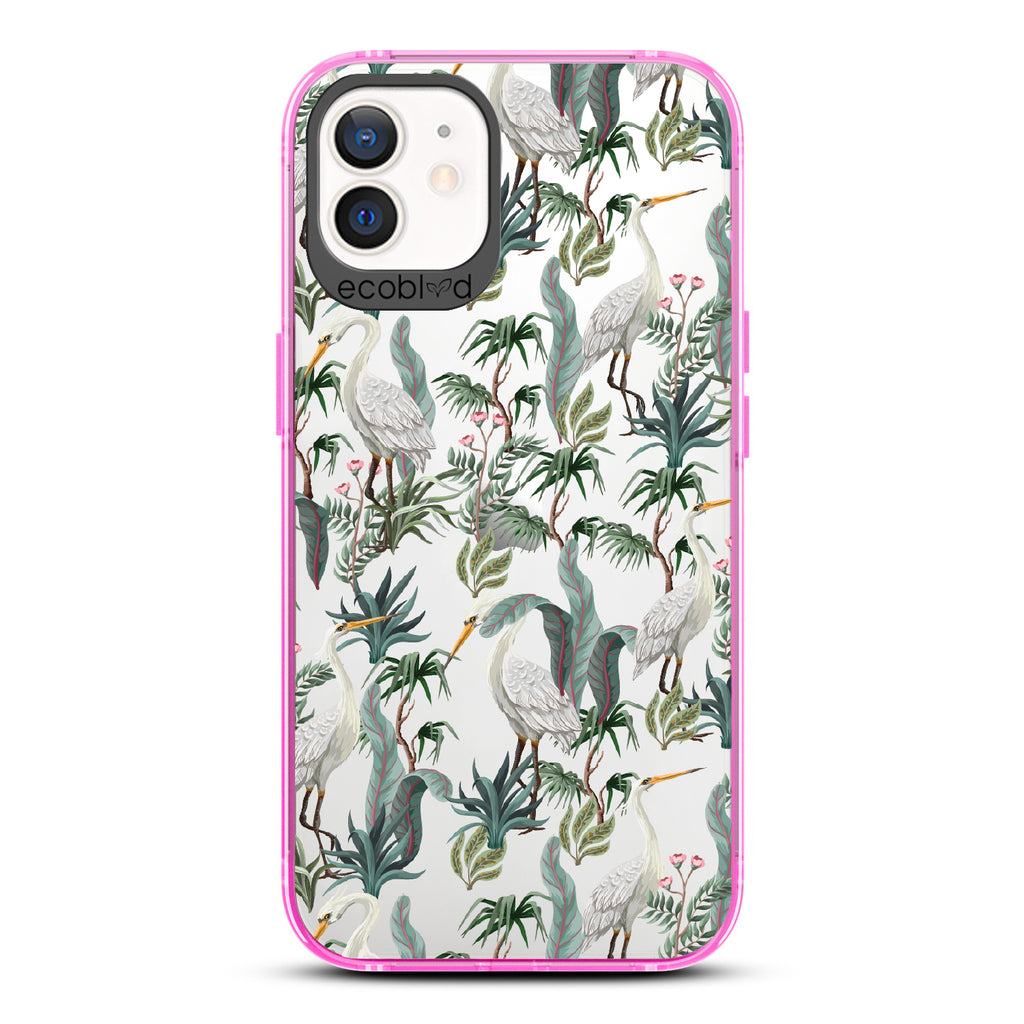 Flock Together - Pink Eco-Friendly iPhone 12/12 Pro Case With Herons & Peonies On A Clear Back