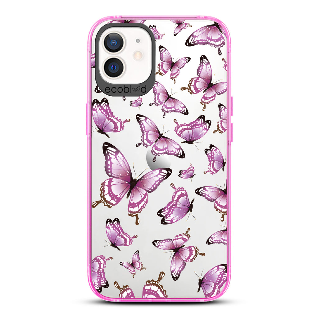 Social Butterfly - Pink  Eco-Friendly iPhone 12/12 Pro Case With Pink Butterflies On A Clear Back - Compostable