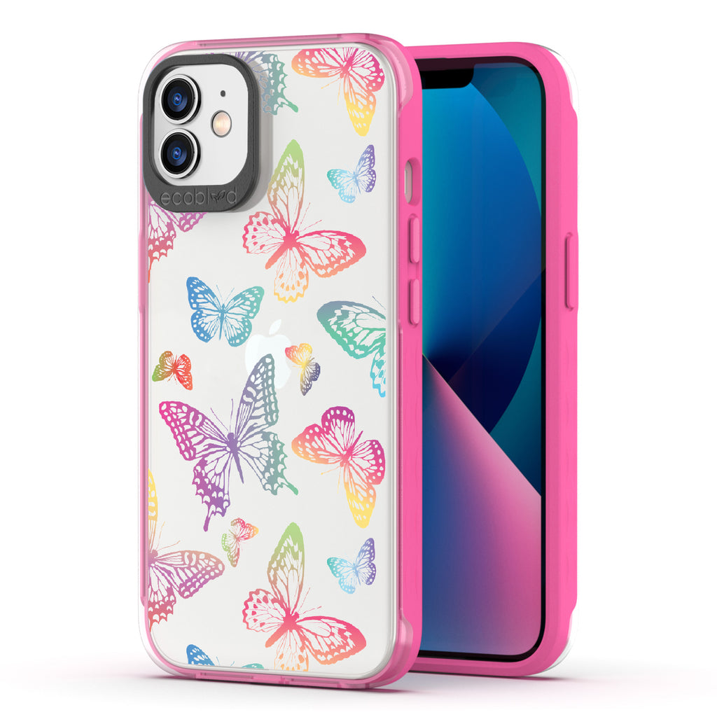 Butterfly Effect - Back View Of Pink & Clear Eco-Friendly iPhone 12/12 Pro Case & A Front View Of The Screen
