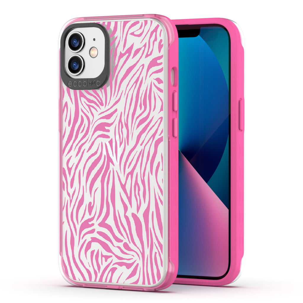 Zebra Print - Back View Of Pink & Clear Eco-Friendly iPhone 12/12 Pro Case & A Front View Of The Screen