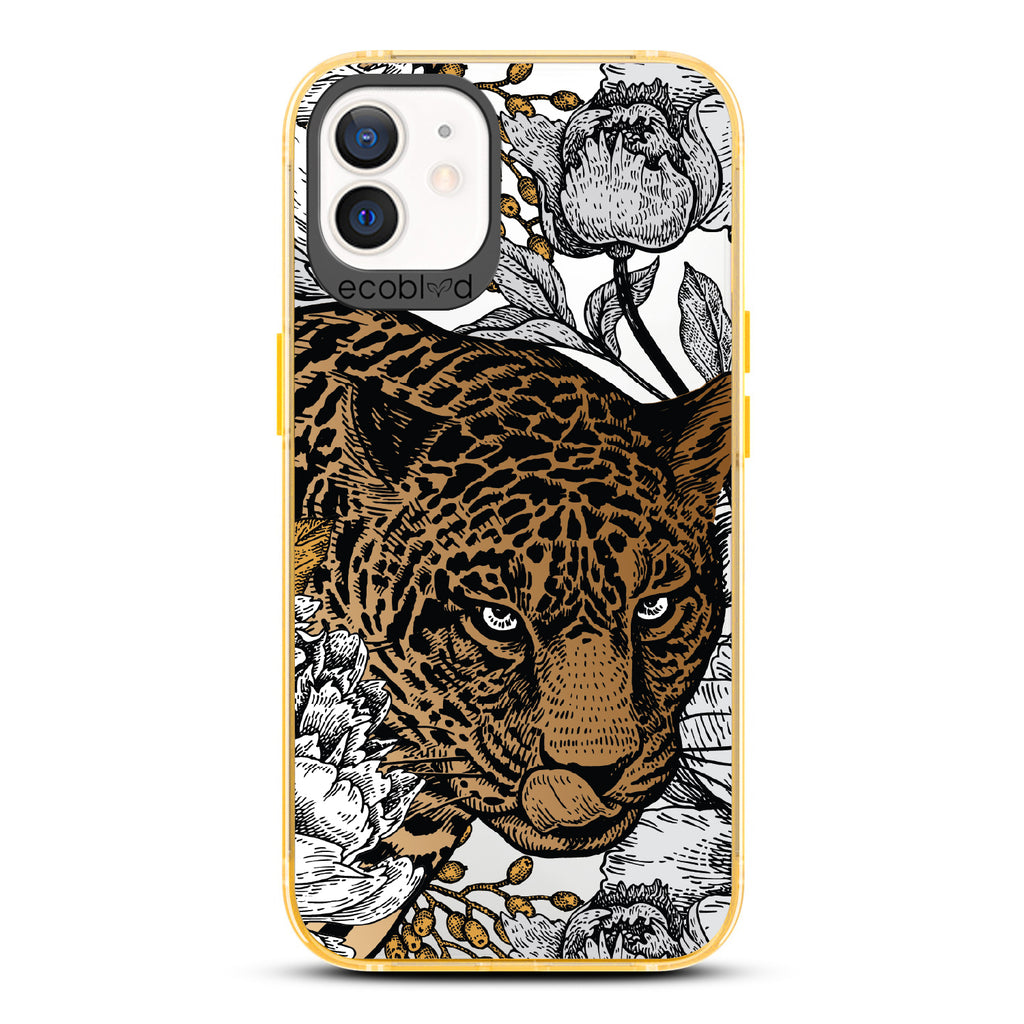 Purrfectly Striking - Yellow Eco-Friendly iPhone 12/12 Pro Case With Leopard, Black/Grey Flowers On A Clear Back