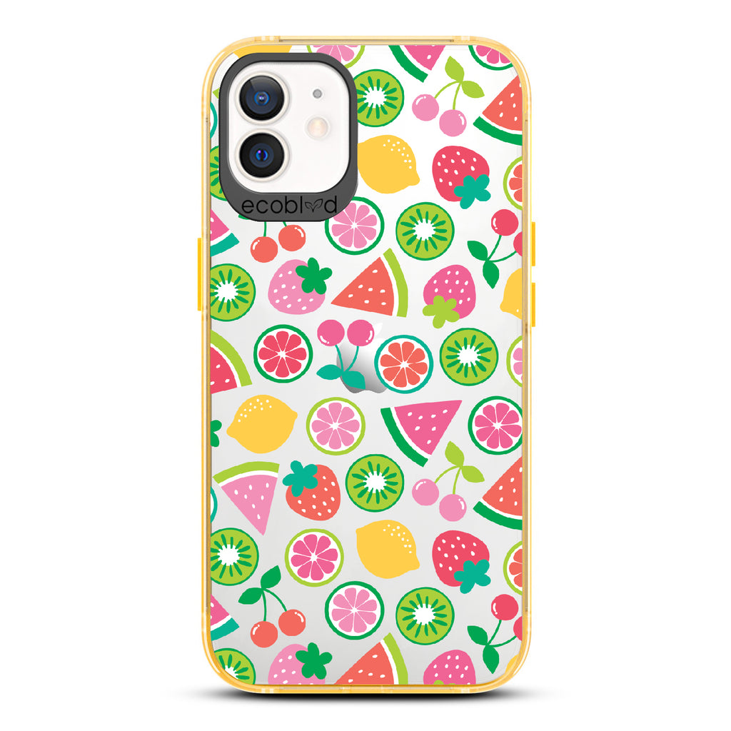 Juicy Fruit - Yellow Eco-Friendly iPhone 12/12 Pro Case With Various Colorful Summer Fruits On A Clear Back