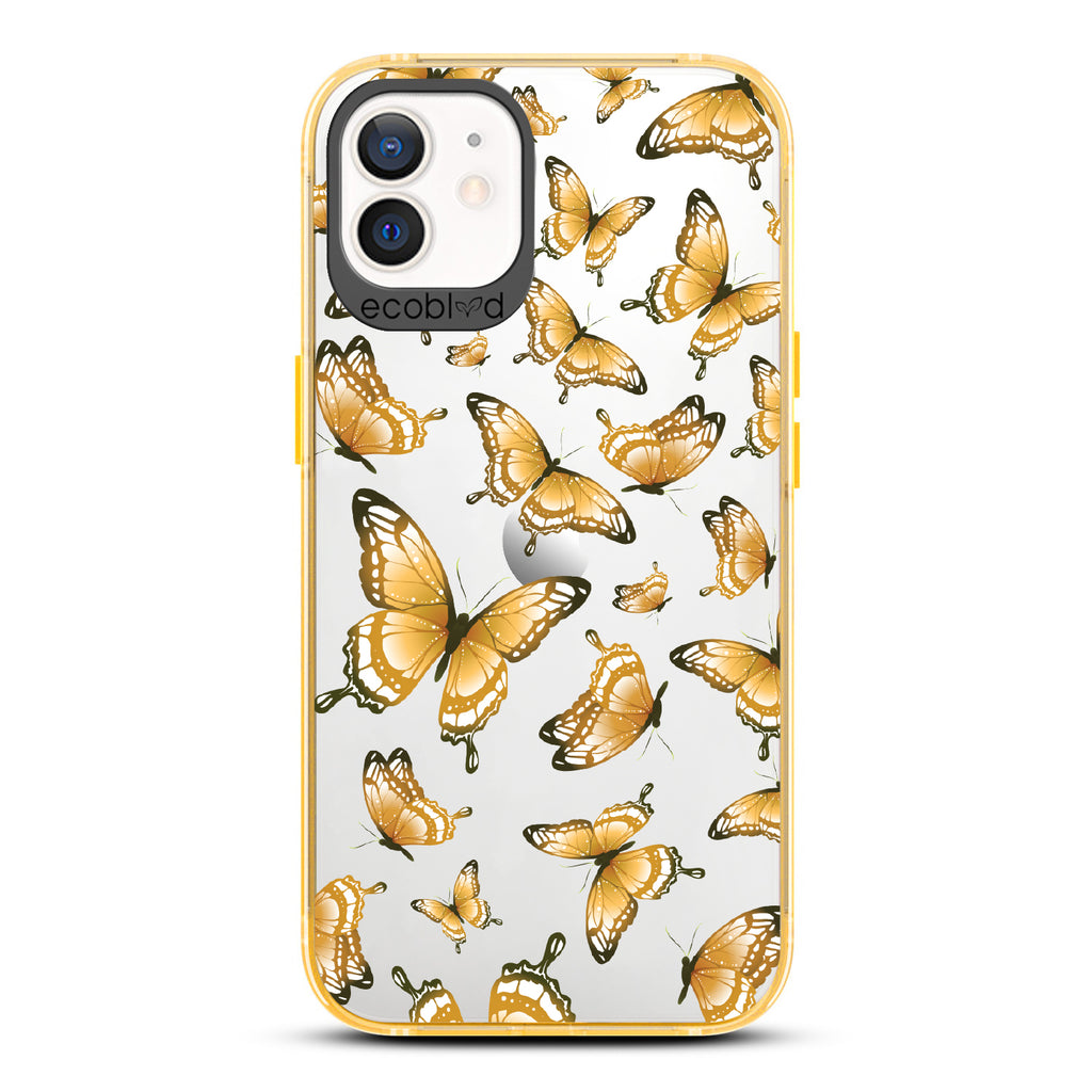 Social Butterfly - Yellow  Eco-Friendly iPhone 12/12 Pro Case With Yellow Butterflies On A Clear Back - Compostable