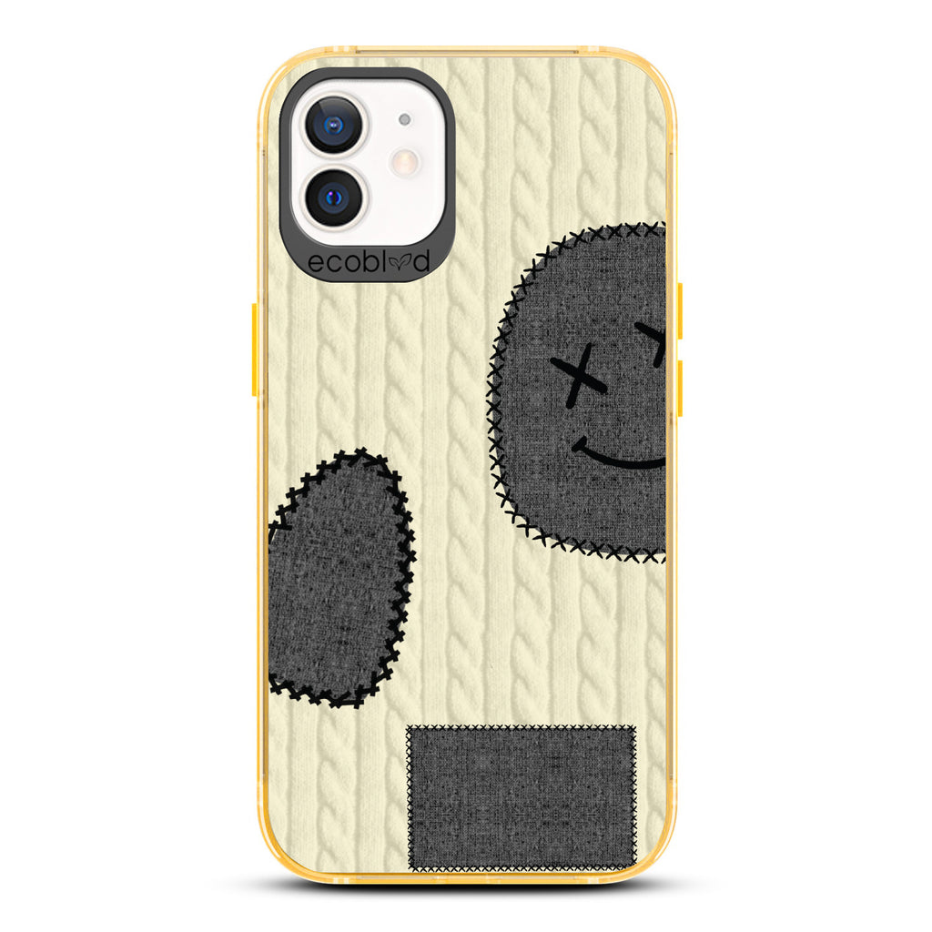 All Patched Up - Cable Knit With Patches of Heart + Happy Face - Eco-Friendly Clear iPhone 12/12 Pro Case With Yellow Rim