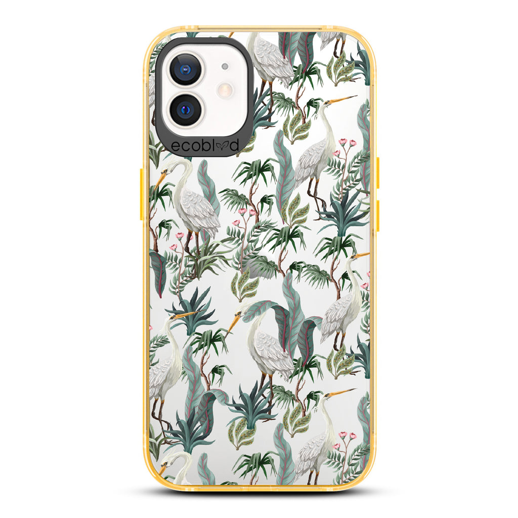 Flock Together - Yellow Eco-Friendly iPhone 12/12 Pro Case With Herons & Peonies On A Clear Back