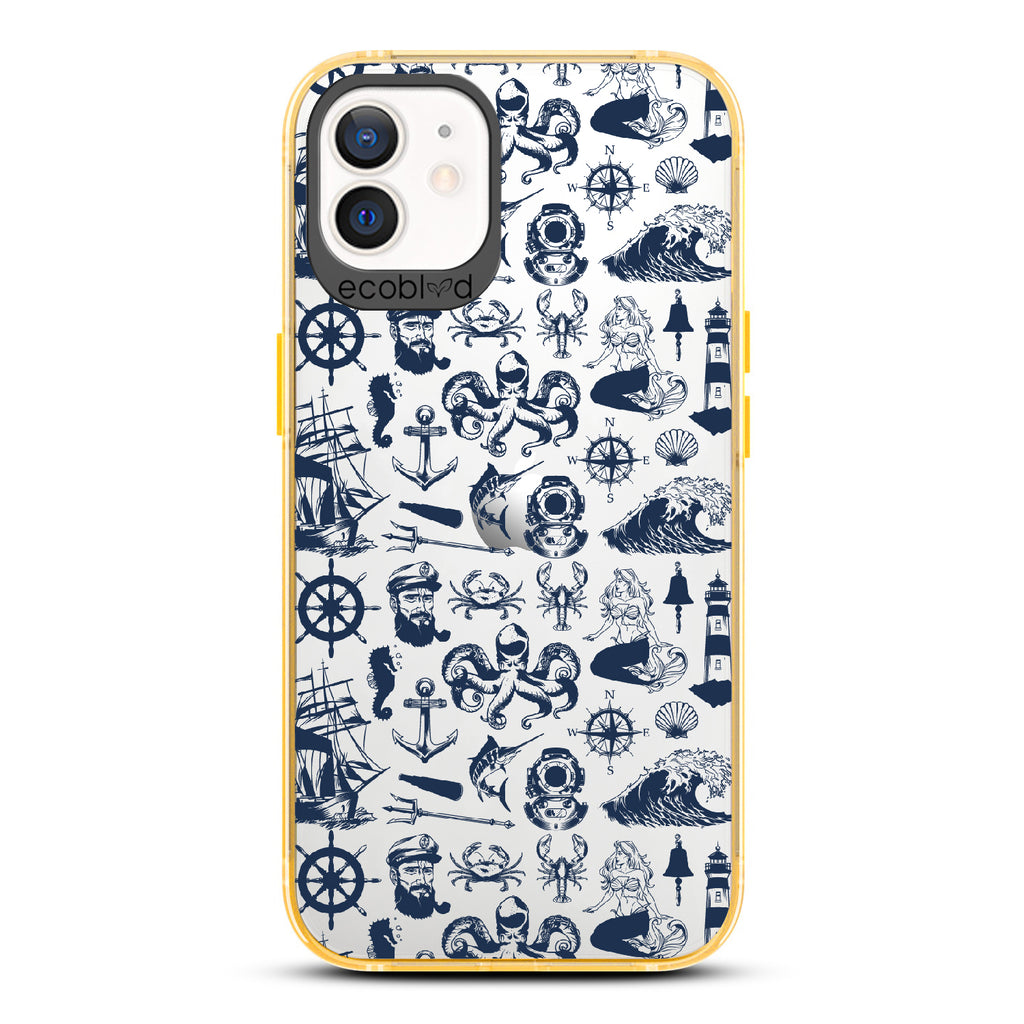 Nautical Tales - Yellow Eco-Friendly iPhone 12/12 Pro Case With Sailors, Ships, Waves, Anchors & More On A Clear Back