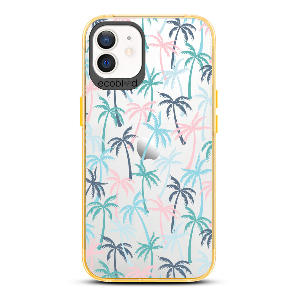 Cruel Summer - Yellow Eco-Friendly iPhone 12/12 Pro Case With Hotline Miami Colored Tropical Palm Trees On A Clear Back
