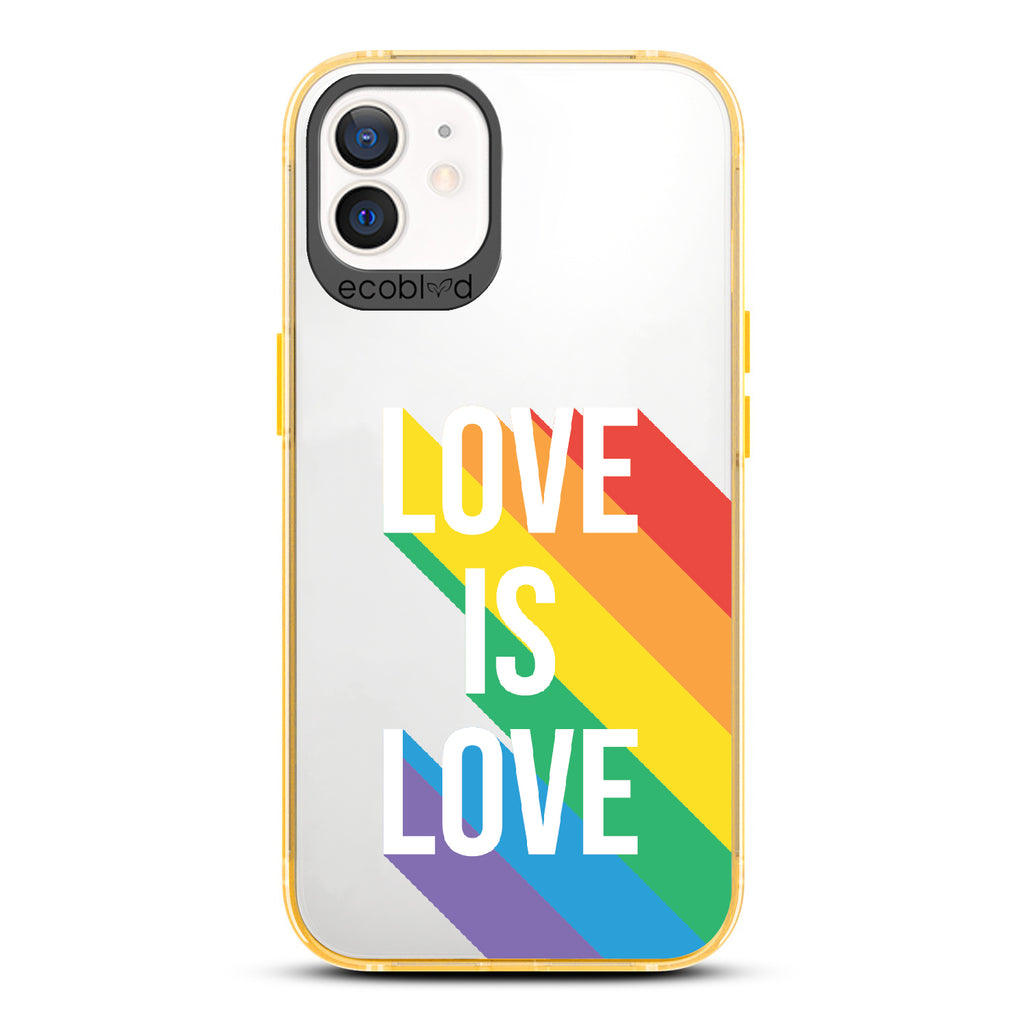Spectrum Of Love - Yellow Eco-Friendly iPhone 12/12 Pro Case With Love Is Love + Rainbow Gradient Shadow On A Clear Back