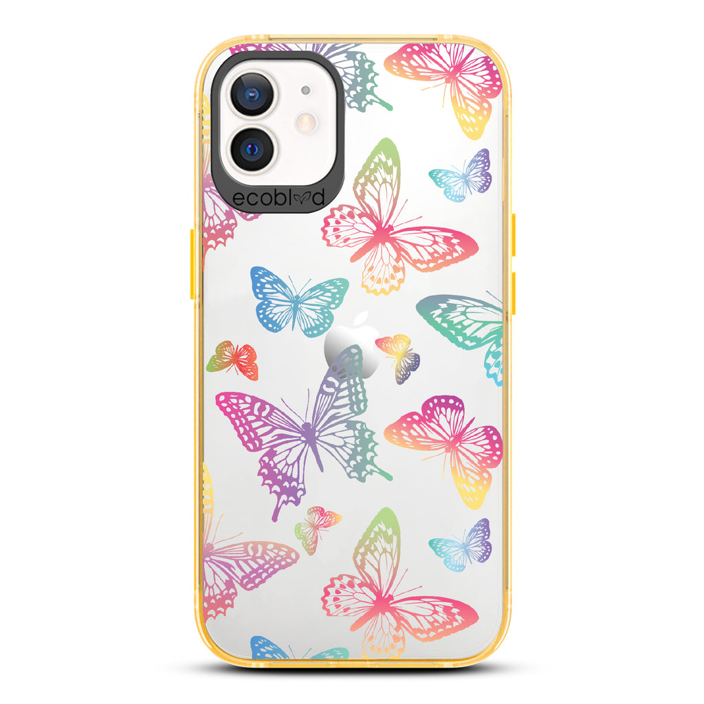 Butterfly Effect - Yellow Eco-Friendly iPhone 12/12 Pro Case With Multi-Colored Neon Butterflies On A Clear Back