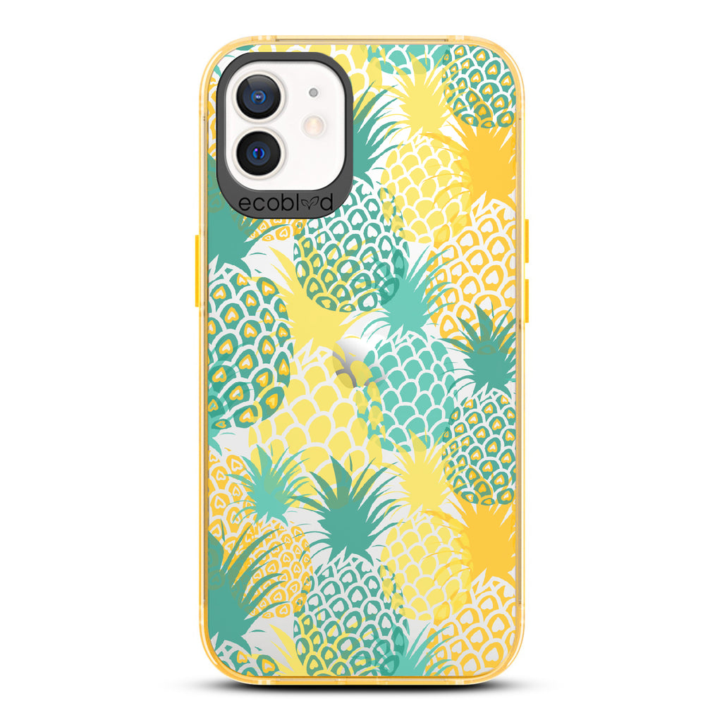 Pineapple Breeze - Yellow Eco-Friendly iPhone 12/12 Pro Case With Tropical Colored Pineapples On A Clear Back