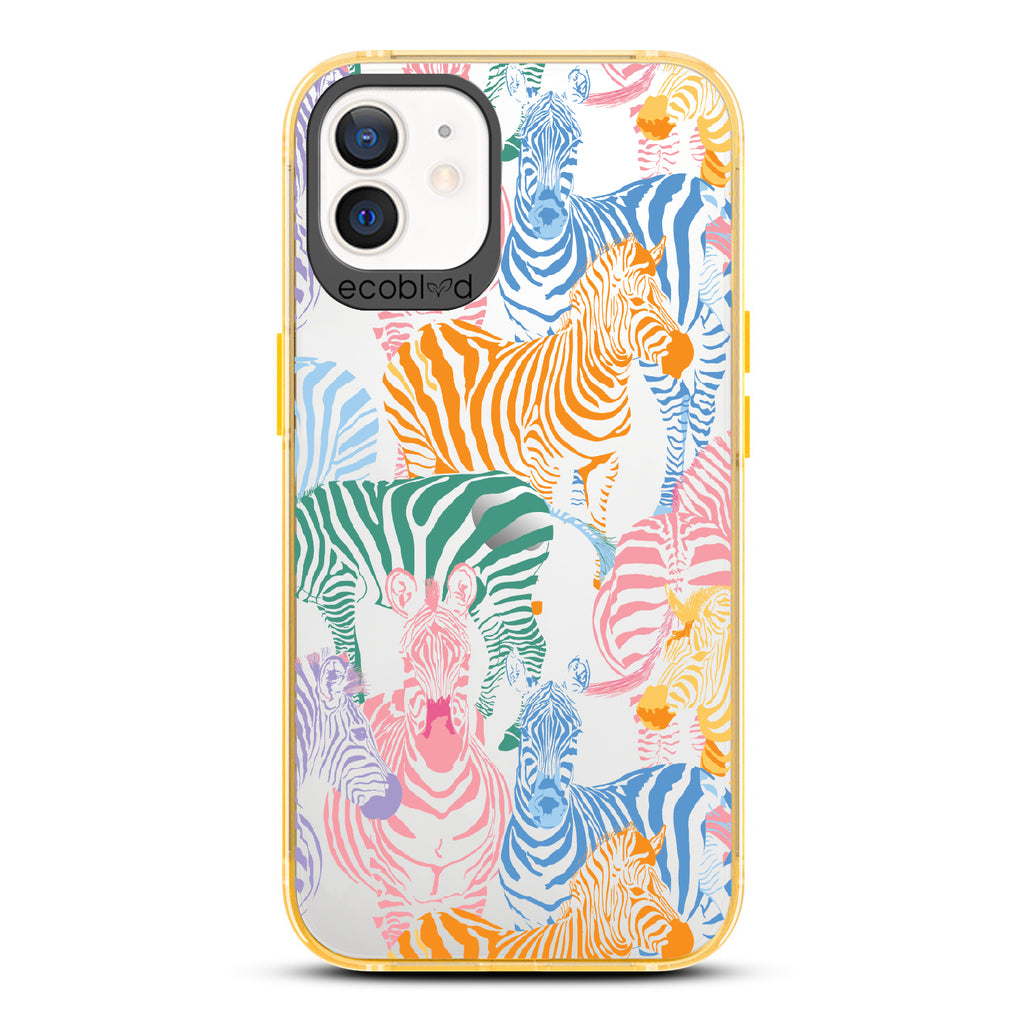 Colorful Herd - Yellow Eco-Friendly iPhone 12/12 Pro Case With Zebras in Multiple Colors On A Clear Back