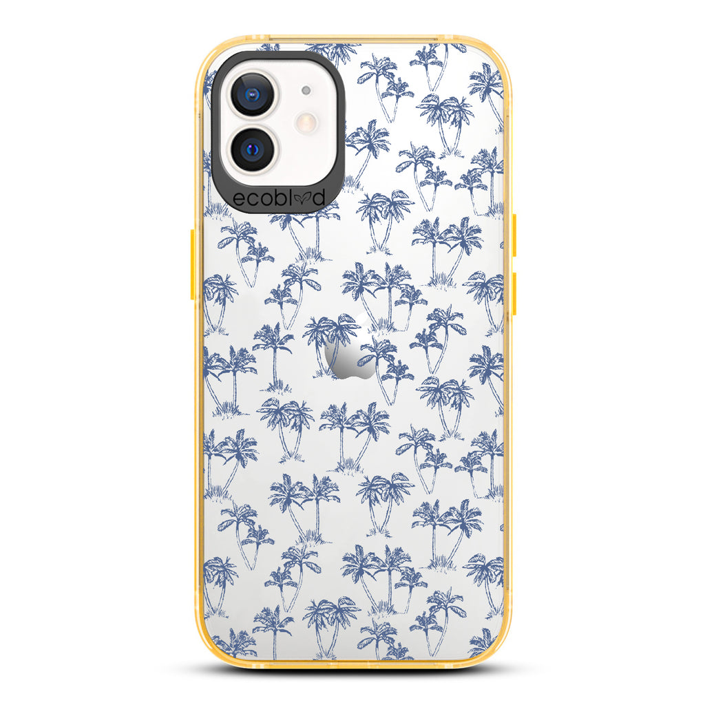 Endless Summer - Yellow Eco-Friendly iPhone 12/12 Pro Case With 50's-Style Blue Palm Trees Print On A Clear Back