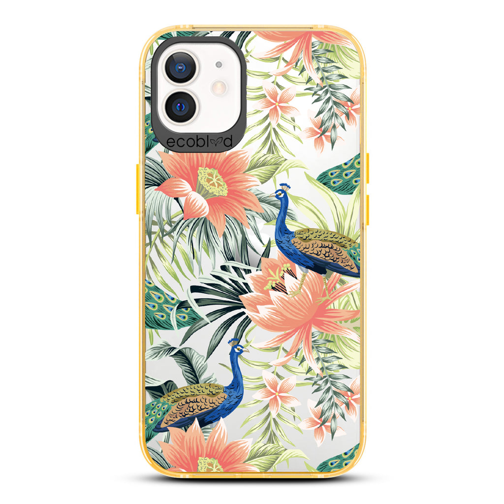 Peacock Palace - Yellow Eco-Friendly iPhone 12/12 Pro Case With Peacocks + Colorful Tropical Fauna On A Clear Back