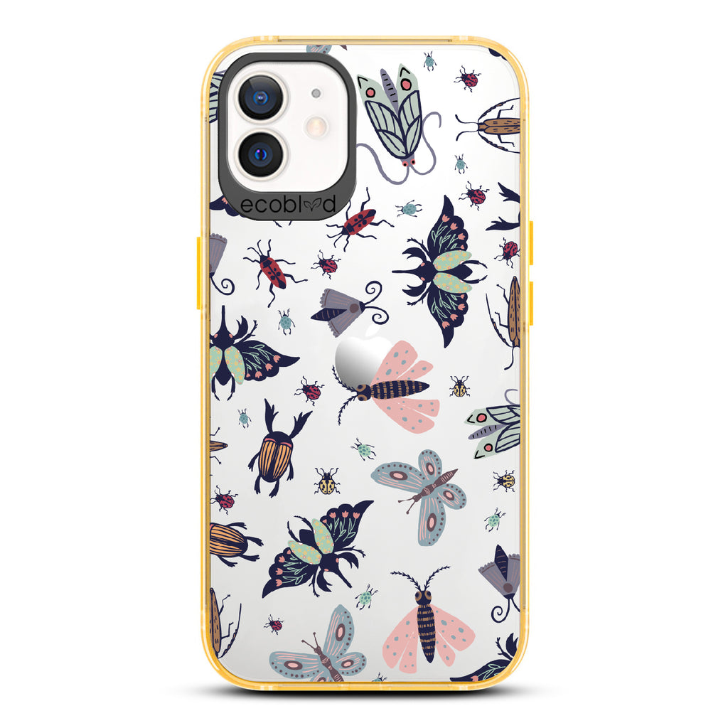 Bug Out - Yellow Eco-Friendly iPhone 12/12 Pro Case With Butterflies, Moths, Dragonflies, And Beetles On A Clear Back