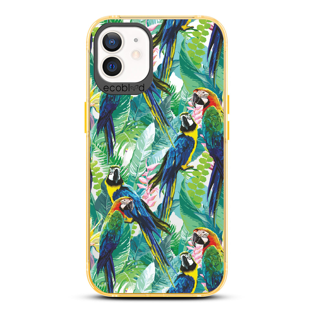 Macaw Medley - Yellow Eco-Friendly iPhone 12/12 Pro Case With Macaws & Tropical Leaves On A Clear Back