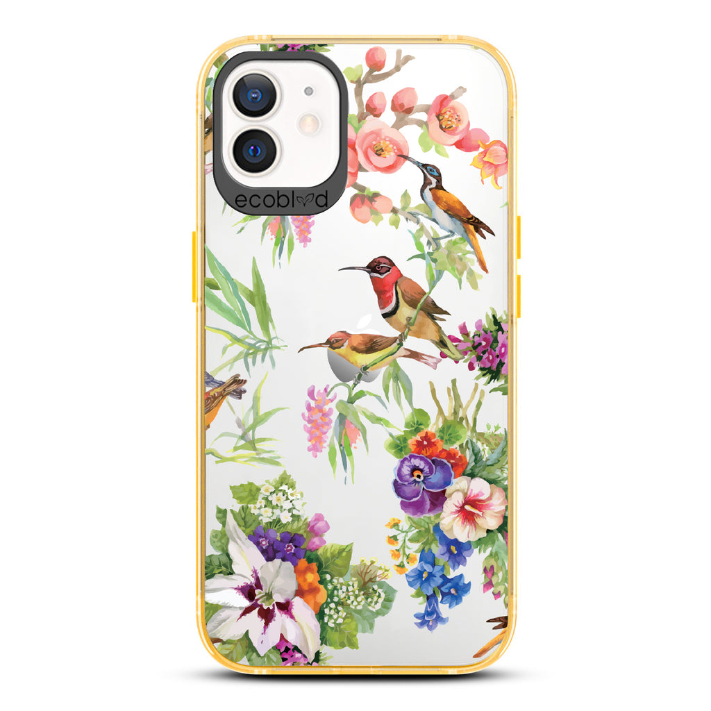 Sweet Nectar - Yellow Eco-Friendly iPhone 12/12 Pro Case With Humming Birds, Colorful Garden Flowers On A Clear Back