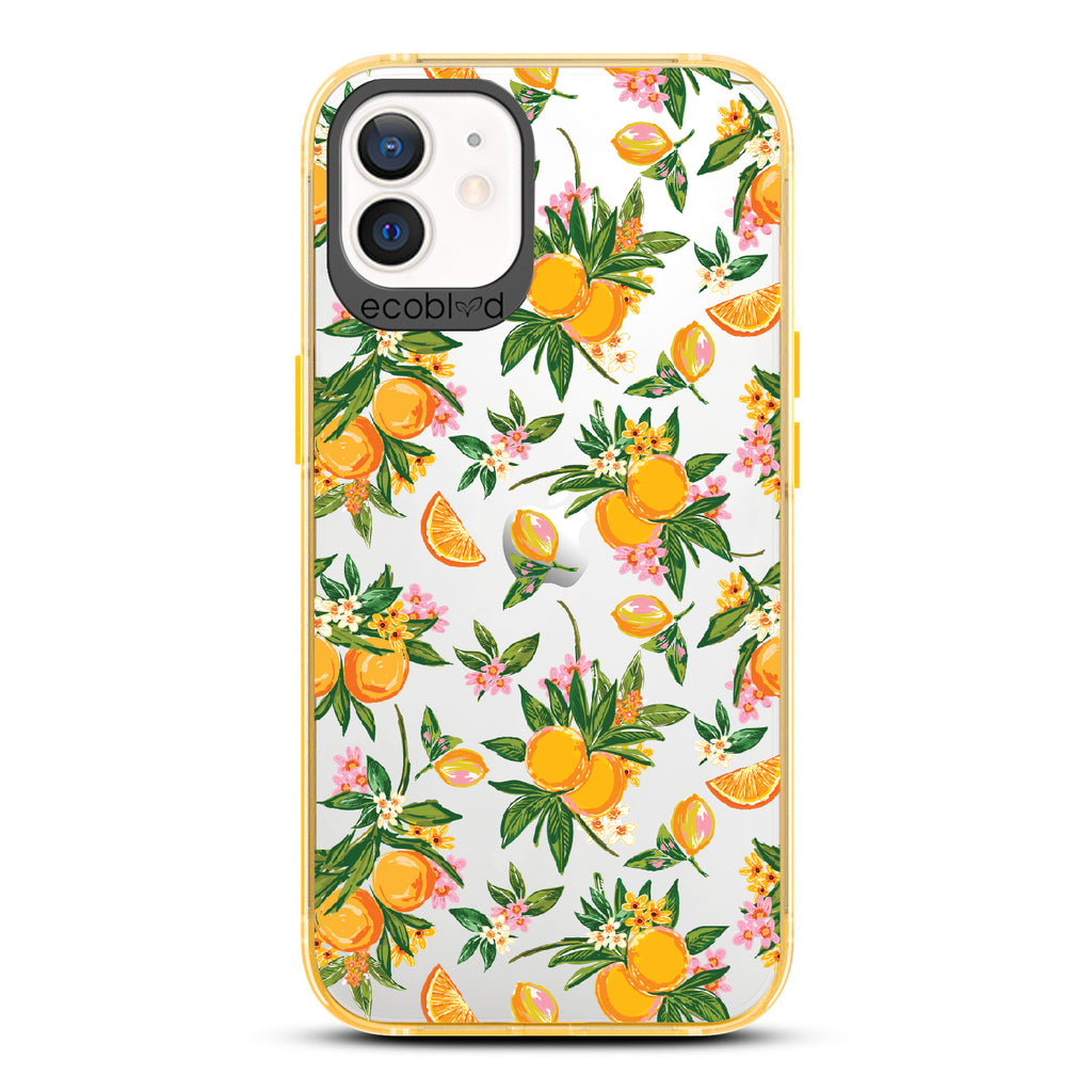 Orange Bliss - Yellow Eco-Friendly iPhone 12/12 Pro Case With Oranges, Orange Slices and Leaves On A Clear Back