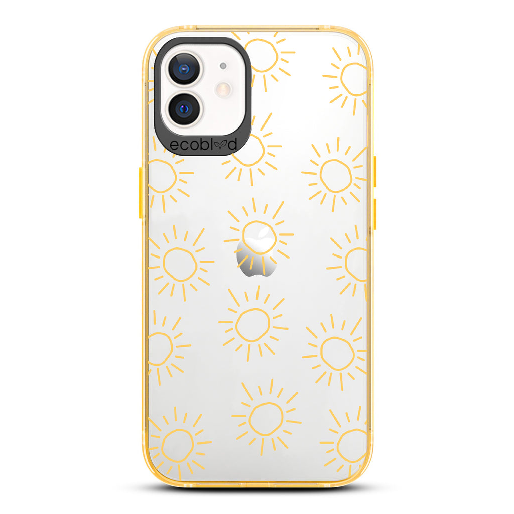 Sun - Yellow Eco-Friendly iPhone 12/12 Pro Case With Various Scribbled Suns On A Clear Back