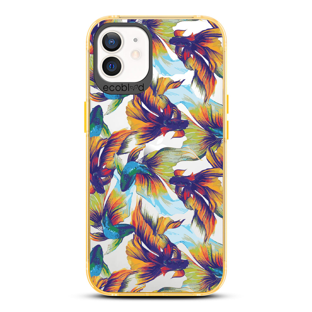 Betta Than The Rest - Yellow Eco-Friendly iPhone 12/12 Pro Case With Colorful Betta Fish On A Clear Back