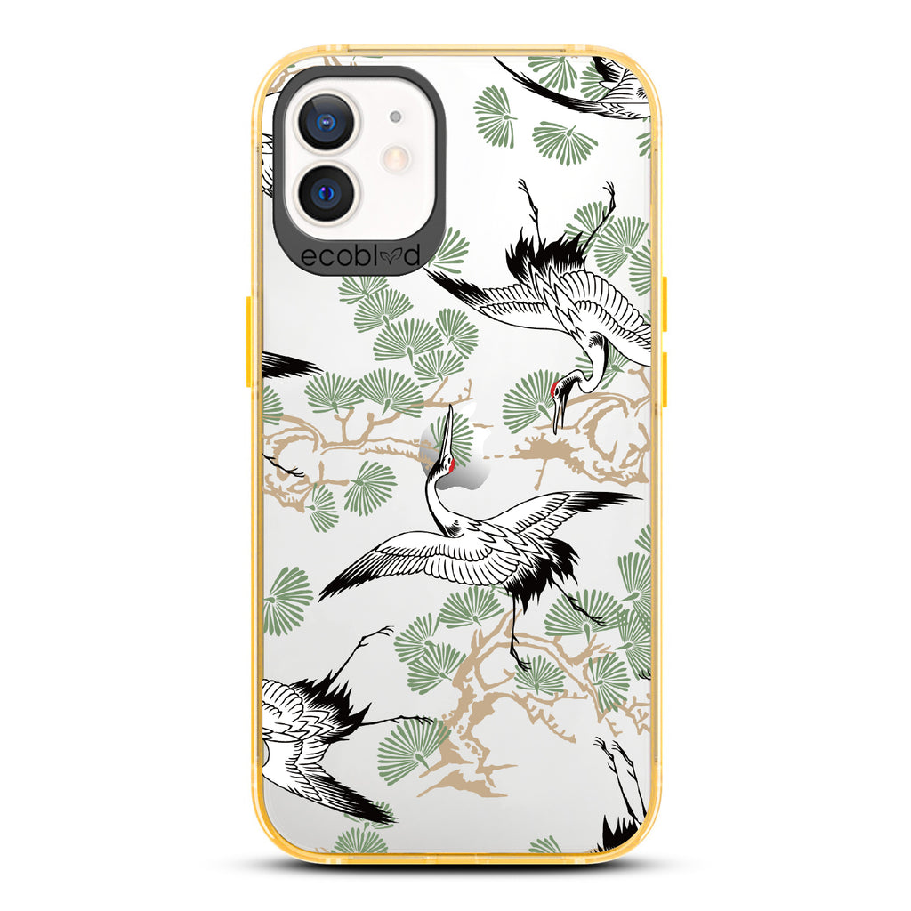 Graceful Crane - Yellow Eco-Friendly iPhone 12/12 Pro Case With Japanese Cranes Atop Branches On A Clear Back