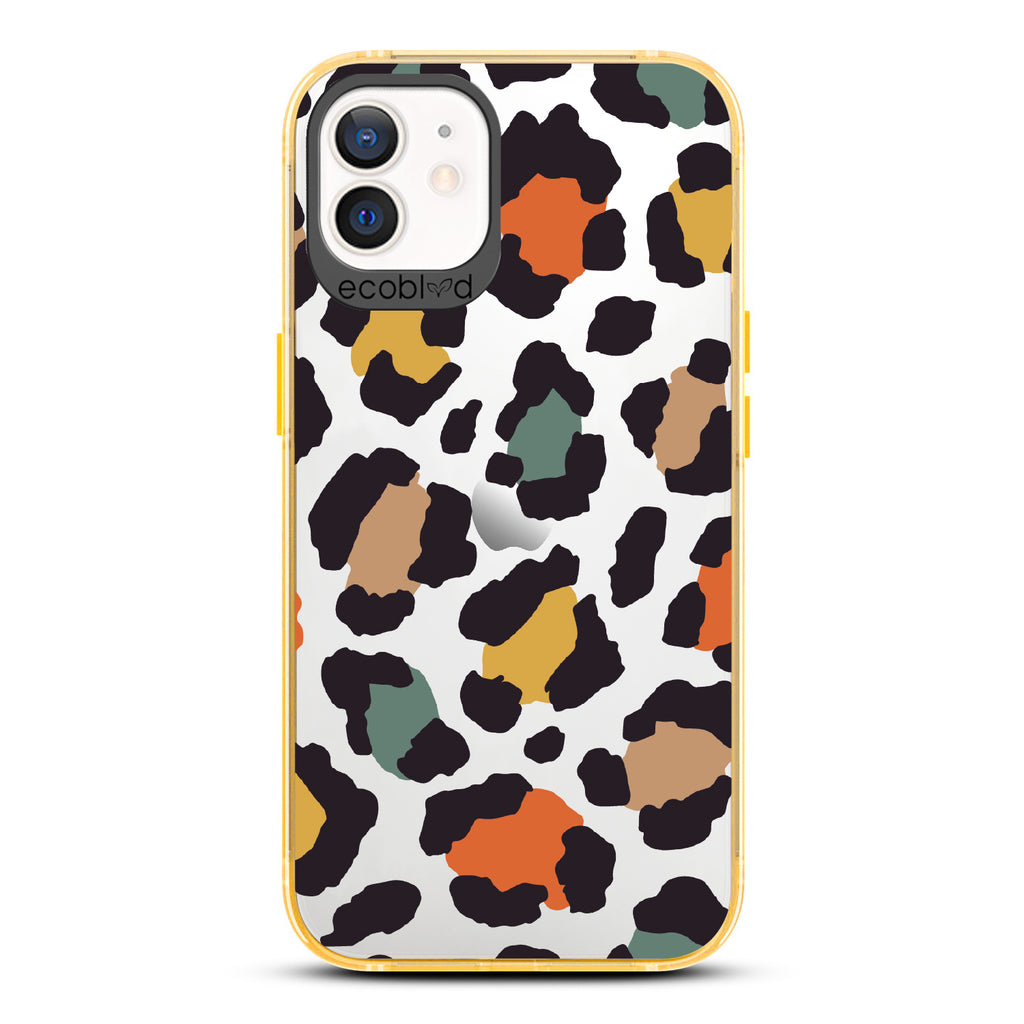 Cheetahlicious - Yellow Eco-Friendly iPhone 12/12 Pro Case With Multi-Colored Cheetah Print On A Clear Back