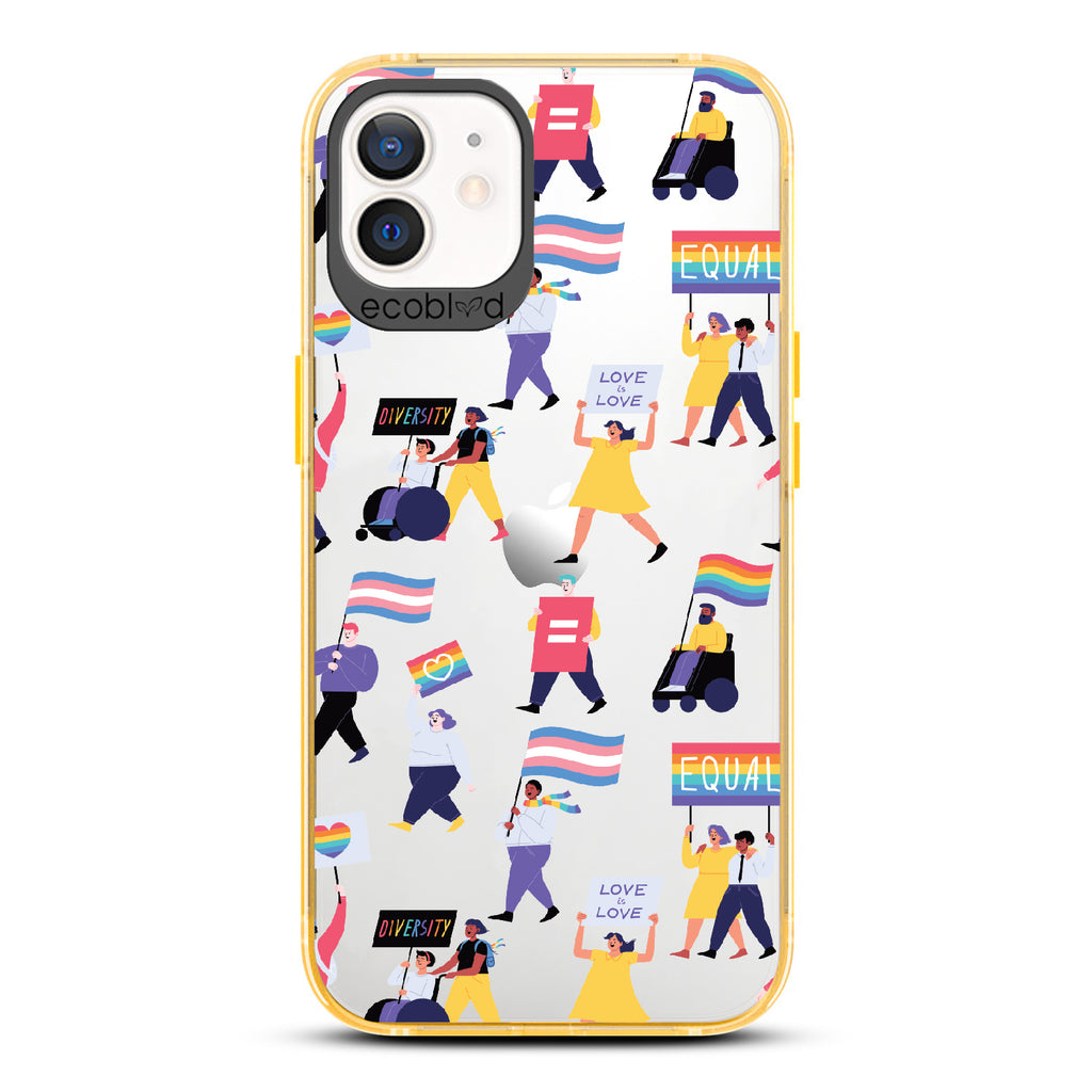 All Together Now - Yellow Eco-Friendly iPhone 12/12 Pro Case With Pride March For People Of All Identities On A Clear Back