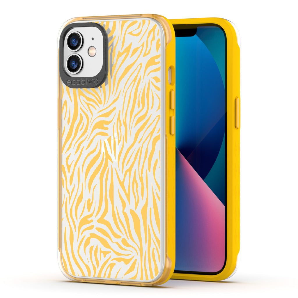 Zebra Print - Back View Of Yellow & Clear Eco-Friendly iPhone 12/12 Pro Case & A Front View Of The Screen