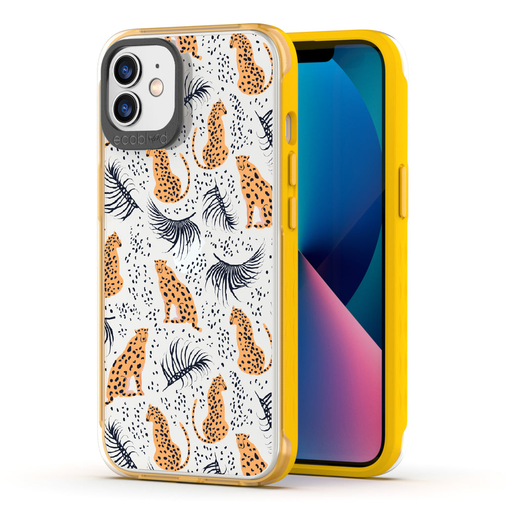 Feline Fierce - Yellow Eco-Friendly iPhone 12/12 Pro Case With Minimalist Cheetahs With Spots and Reeds On A Clear Back