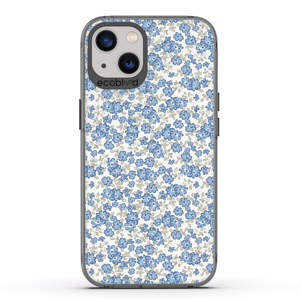 Ditsy Daze - Black Eco-Friendly iPhone 13 Case With Vintage Forget-Me-Not Flowers On A Clear Back