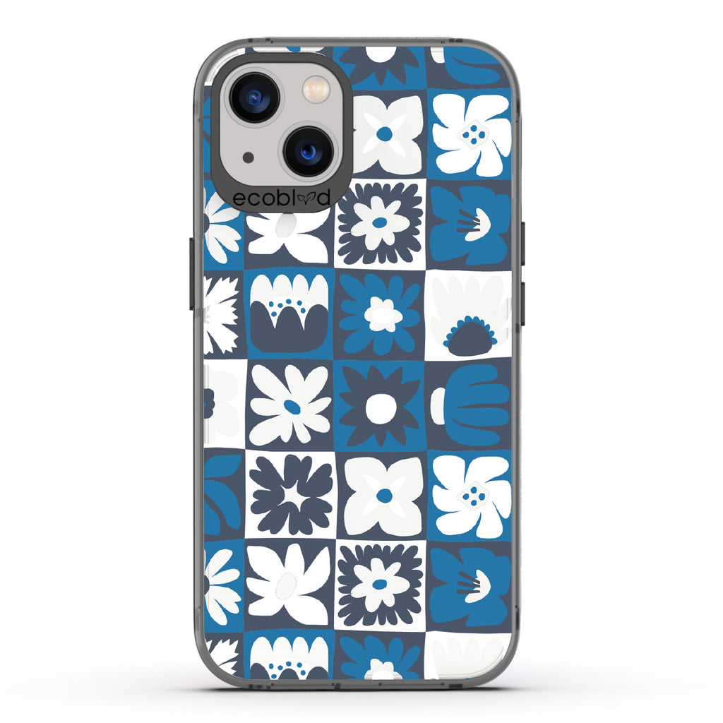 Paradise Blooms - Black Eco-Friendly iPhone 13 Case With Tropical Floral Checker Print On A Clear Back