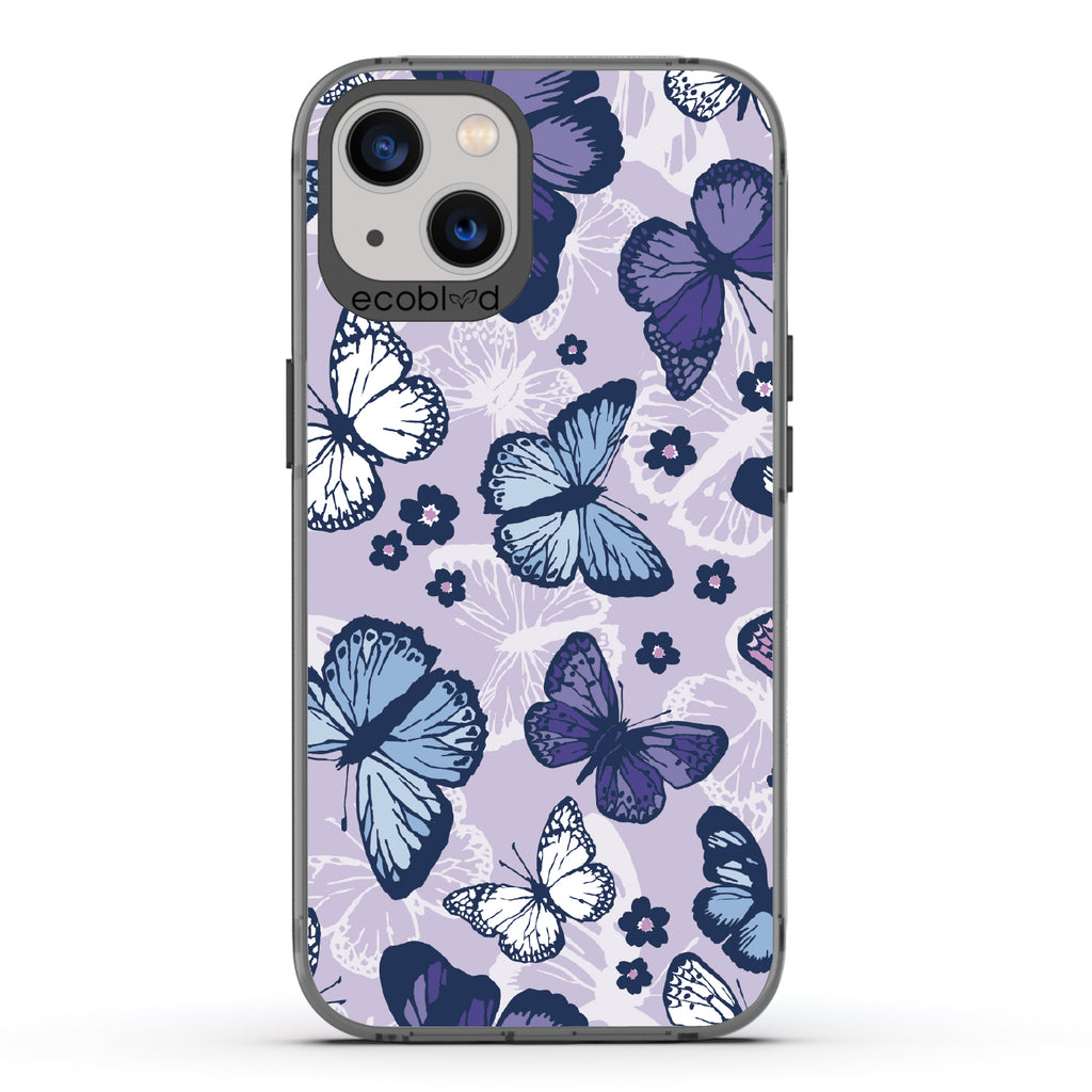Deja Vu - Black Eco-Friendly iPhone 13 Case With Blue, White, Purple Butterflies & Flowers On A Purple / Clear Back