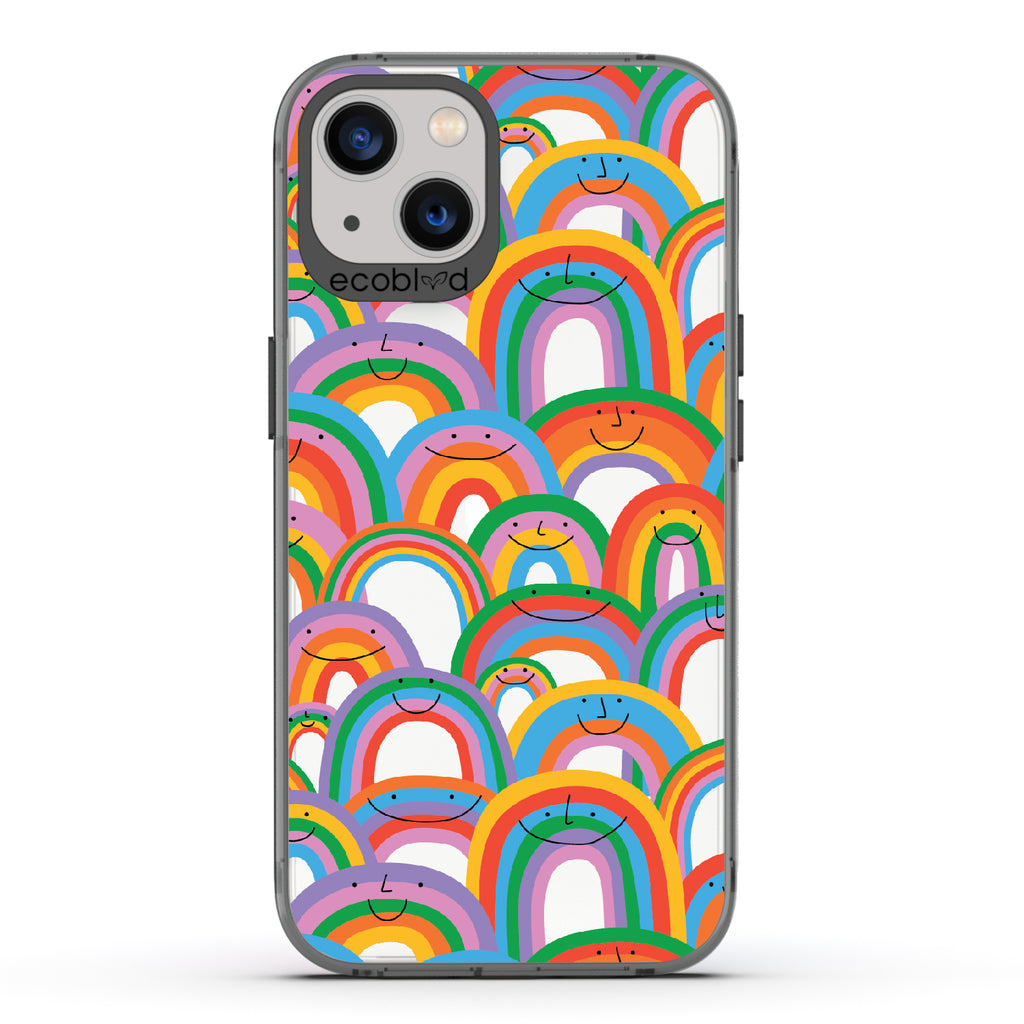 Prideful Smiles - Black Eco-Friendly iPhone 13 Case With Rainbows That Have Smiley Faces On A Clear Back