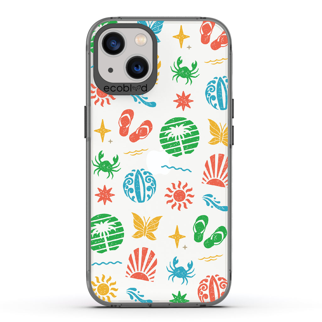 Island Time - Black Eco-Friendly iPhone 13 Case With Surfboard Art Of Crabs, Sandals, Waves & More On A Clear Back