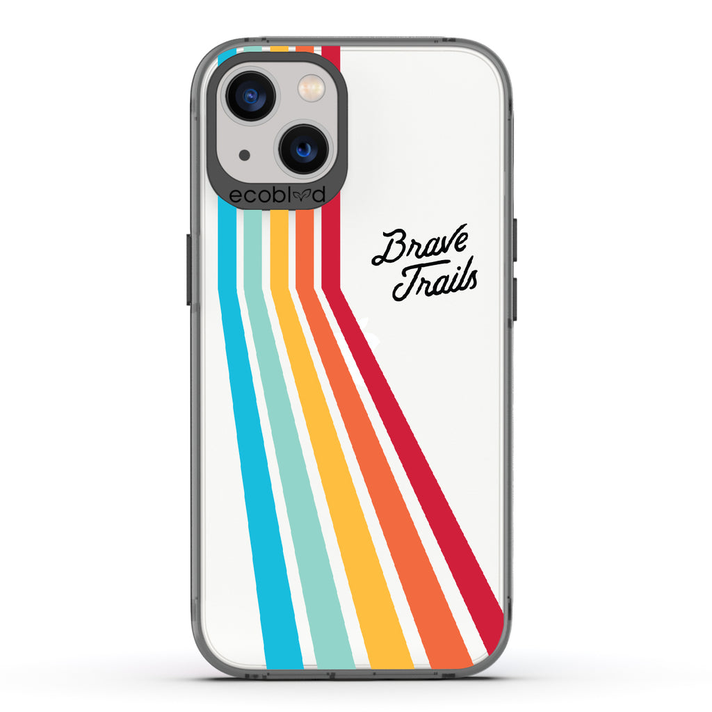 Trailblazer X Brave Trails - Black Eco-Friendly iPhone 13 Case with Trails  In A Vibrant Spectrum Of Rainbow Colors On A Clear Back